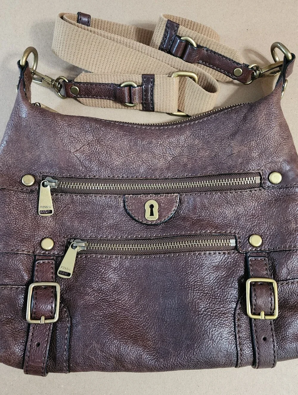 Fossil Brown Leather Messenger Crossbody Satchel Pebbled Multi Pocket Bag Y2K Lg